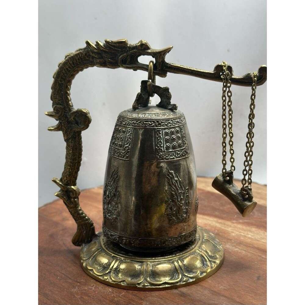 Asian Brass Temple Gong Bell Dragon Stand Hammer & Chain